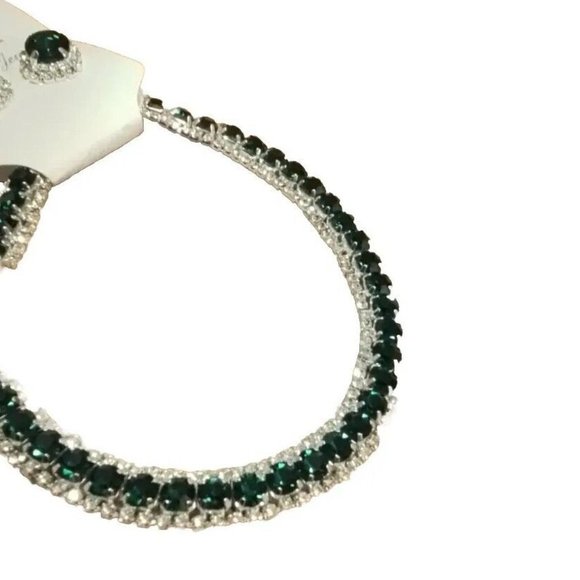 Greean Emerald Rimestones Diamonds Necklace With Pierce Maching Earings Jt1 - Picture 2 of 4
